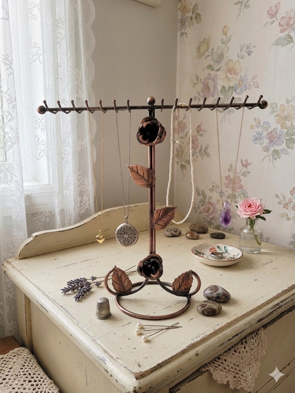 Copper Colour Jewelry Stand Roses Necklaces Bracelets Cute Grandma Cottage
